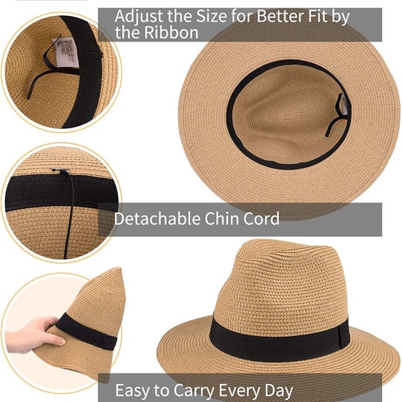 Unisex Wide Brim Straw Panama Hat-Khaki - Picture 4 of 7